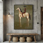 Modern rustic horse canvas print adding textured character and cozy cabin vibe to a home office library wall.