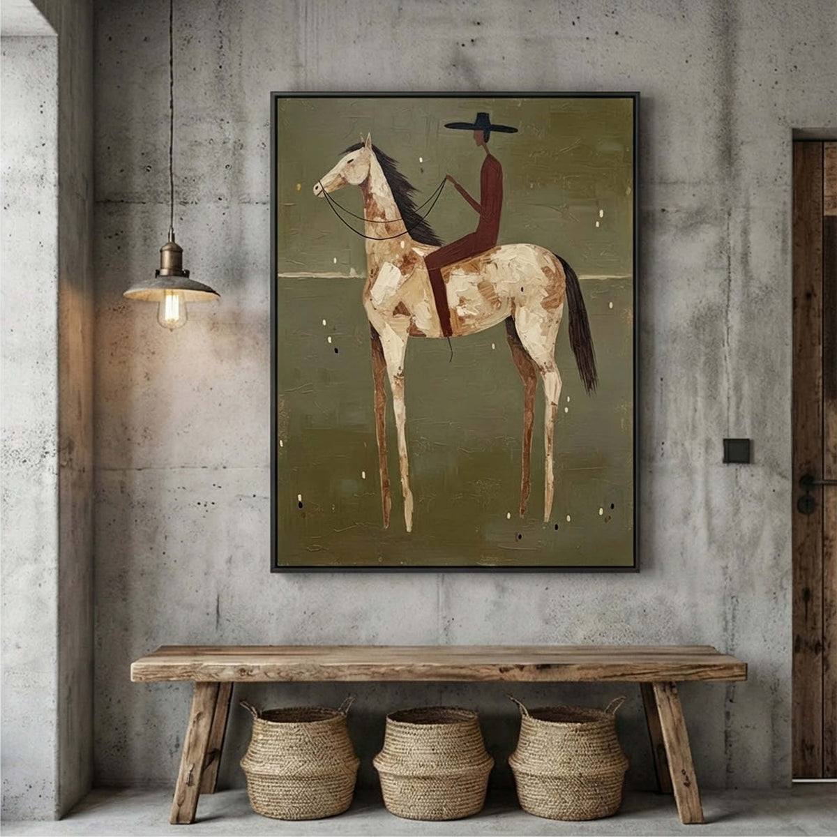 Modern rustic horse canvas print adding textured character and cozy cabin vibe to a home office library wall.