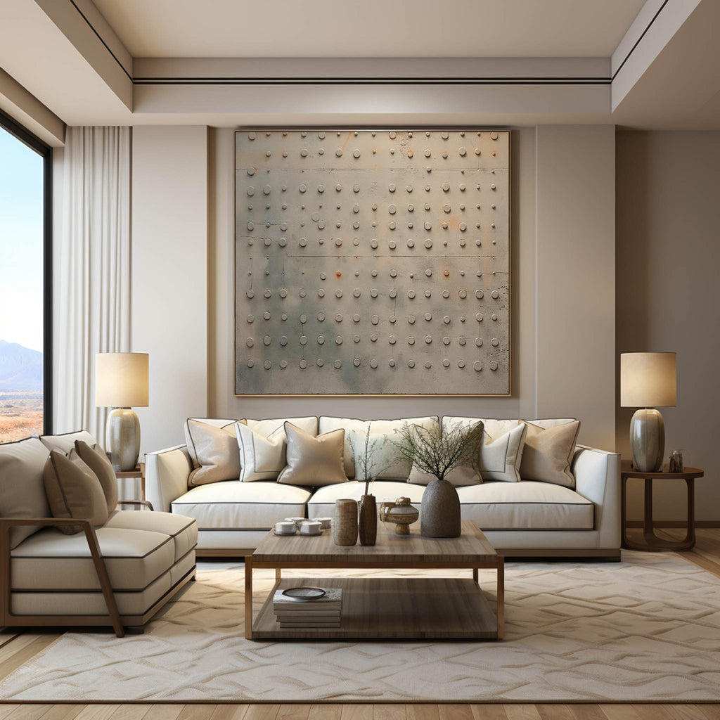 Large square abstract relief artwork displayed on an entryway gallery wall with lighting