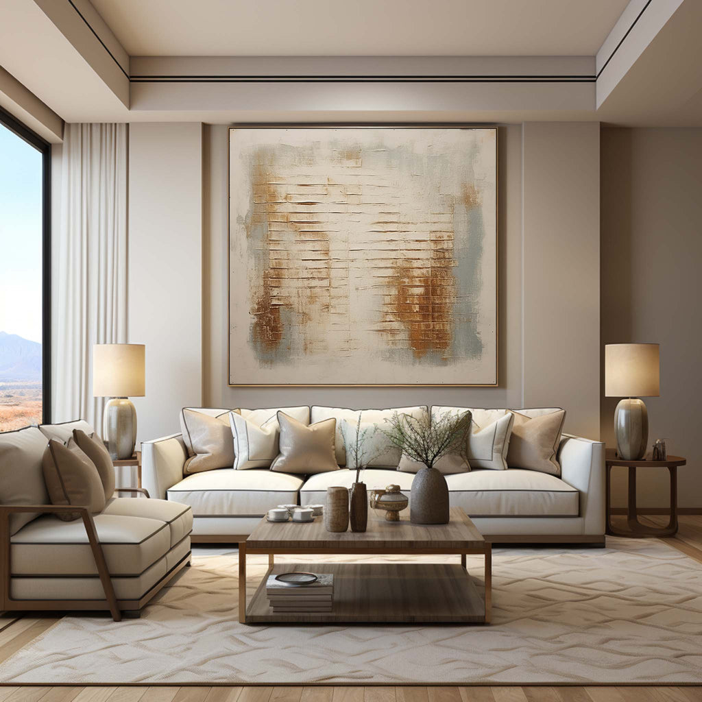 Sophisticated abstract brown and blue-grey artwork adding warm rustic texture above a dining room buffet table.