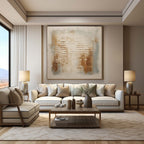 Sophisticated abstract brown and blue-grey artwork adding warm rustic texture above a dining room buffet table.