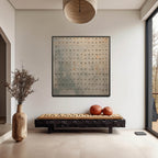 Beige Japandi wall decor hanging over a king bed in a modern mid-century bedroom