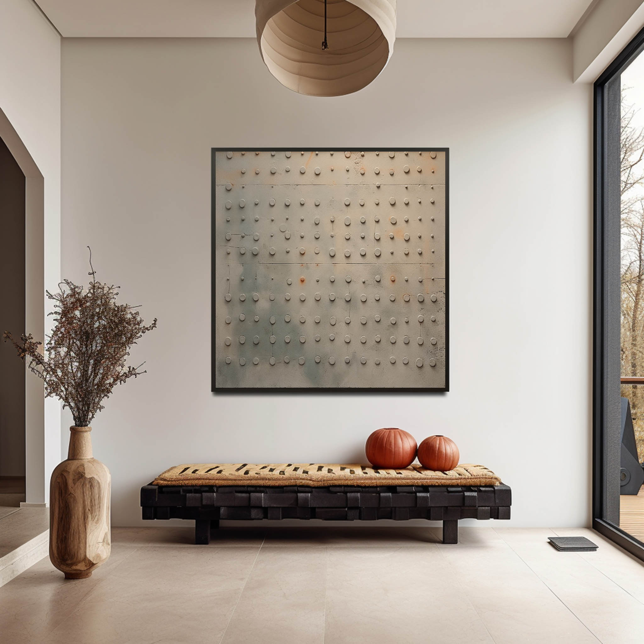 Beige Japandi wall decor hanging over a king bed in a modern mid-century bedroom