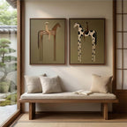 Modern southwestern style figure canvas diptych elevating a master bedroom headboard with rich earthy tones.