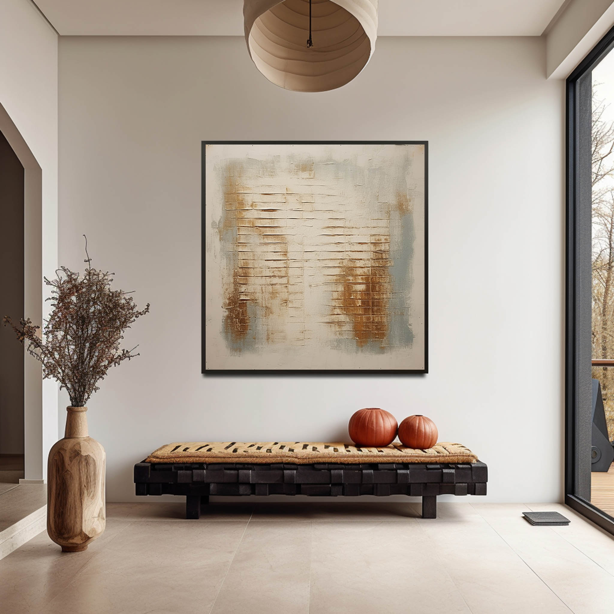Large square neutral textured canvas artwork beautifully framed and hung directly above a living room sofa.