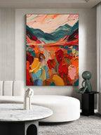Blaze vertical vibrant wildflower meadow and mountain textured art piece hanging over a king-size bed setup in a luxury bedroom