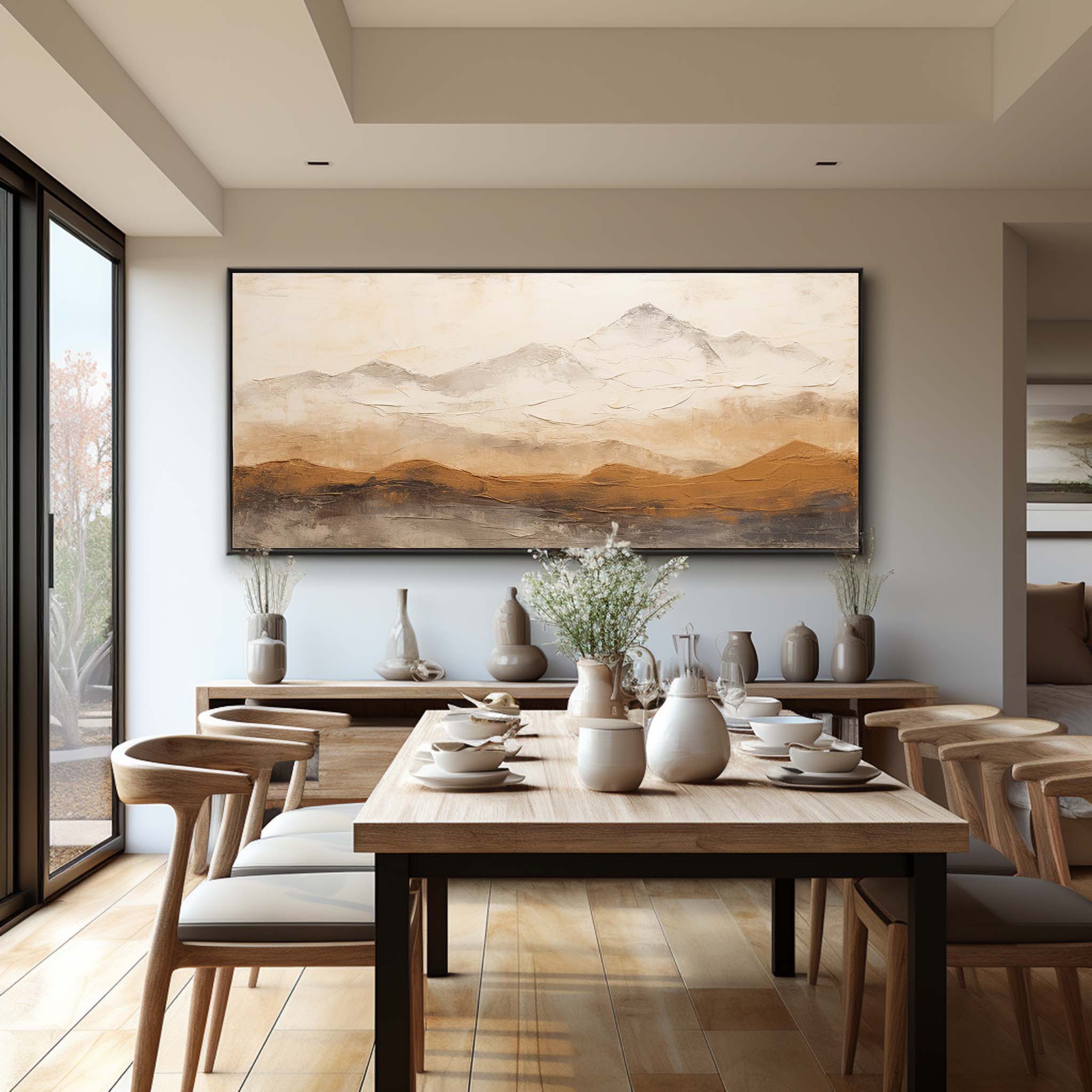 Sophisticated heavy textured panoramic artwork adding calm inspiration and clean design to a home office.