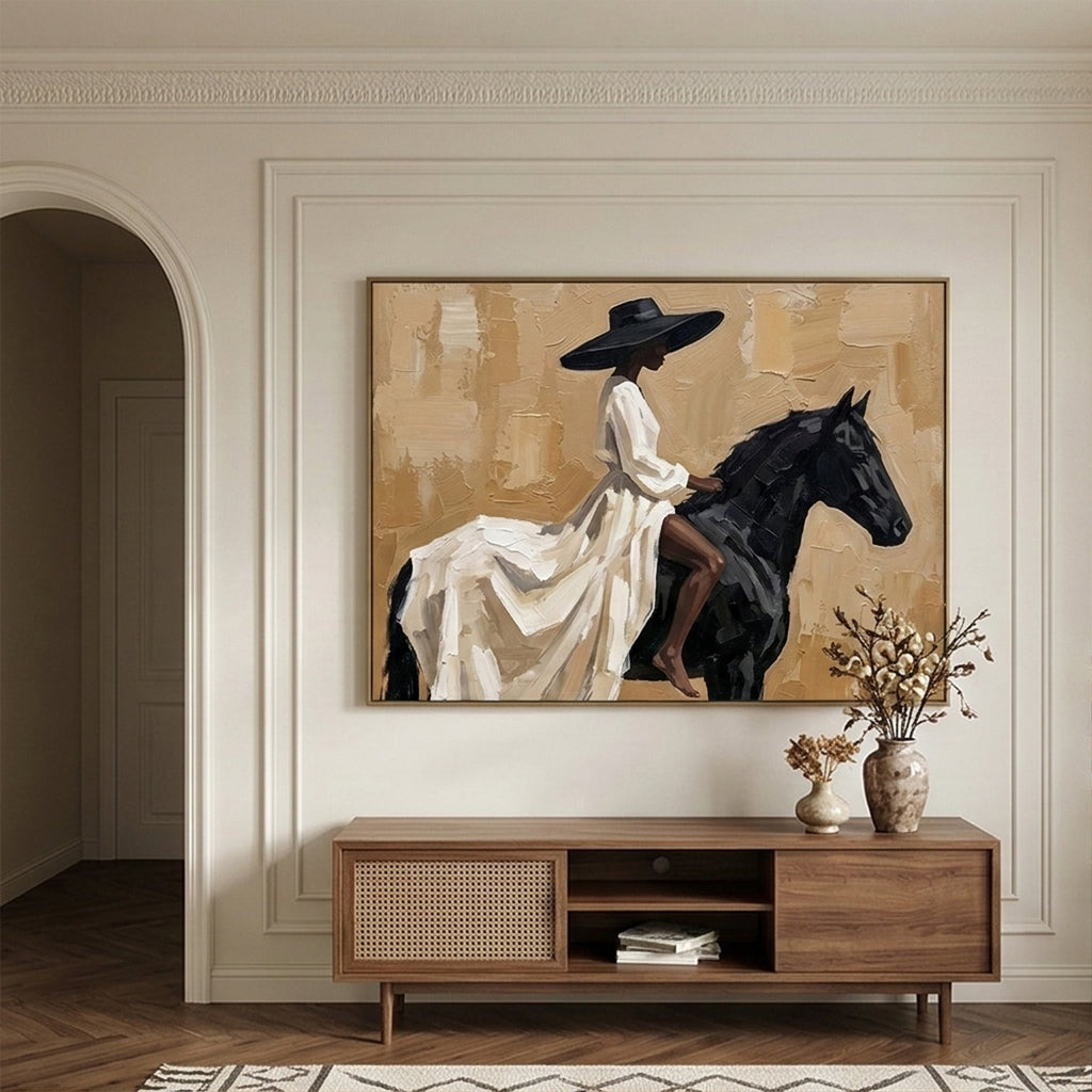 Impasto textured Black woman rider canvas wall decor framed above an upholstered headboard in a quiet master bedroom