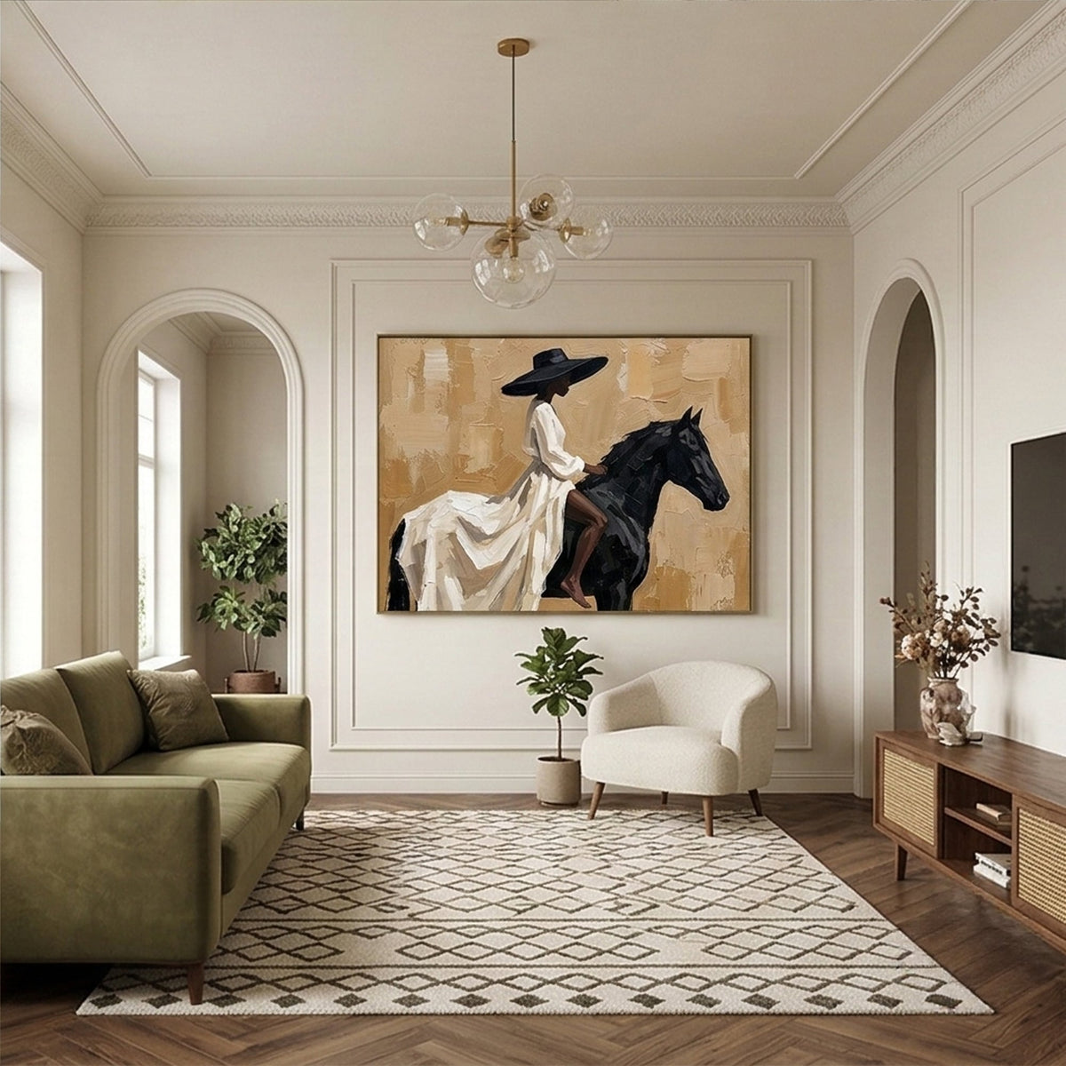 Vintage Southwestern Black woman horseback canvas print creating a bold accent wall focal point over a rustic sideboard in a dining room