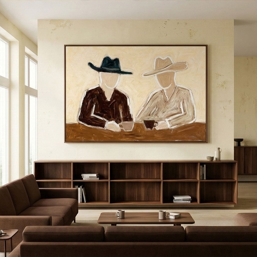 Impasto textured cowboy silhouette canvas wall decor framed above an oak dresser in a vintage master bedroom
