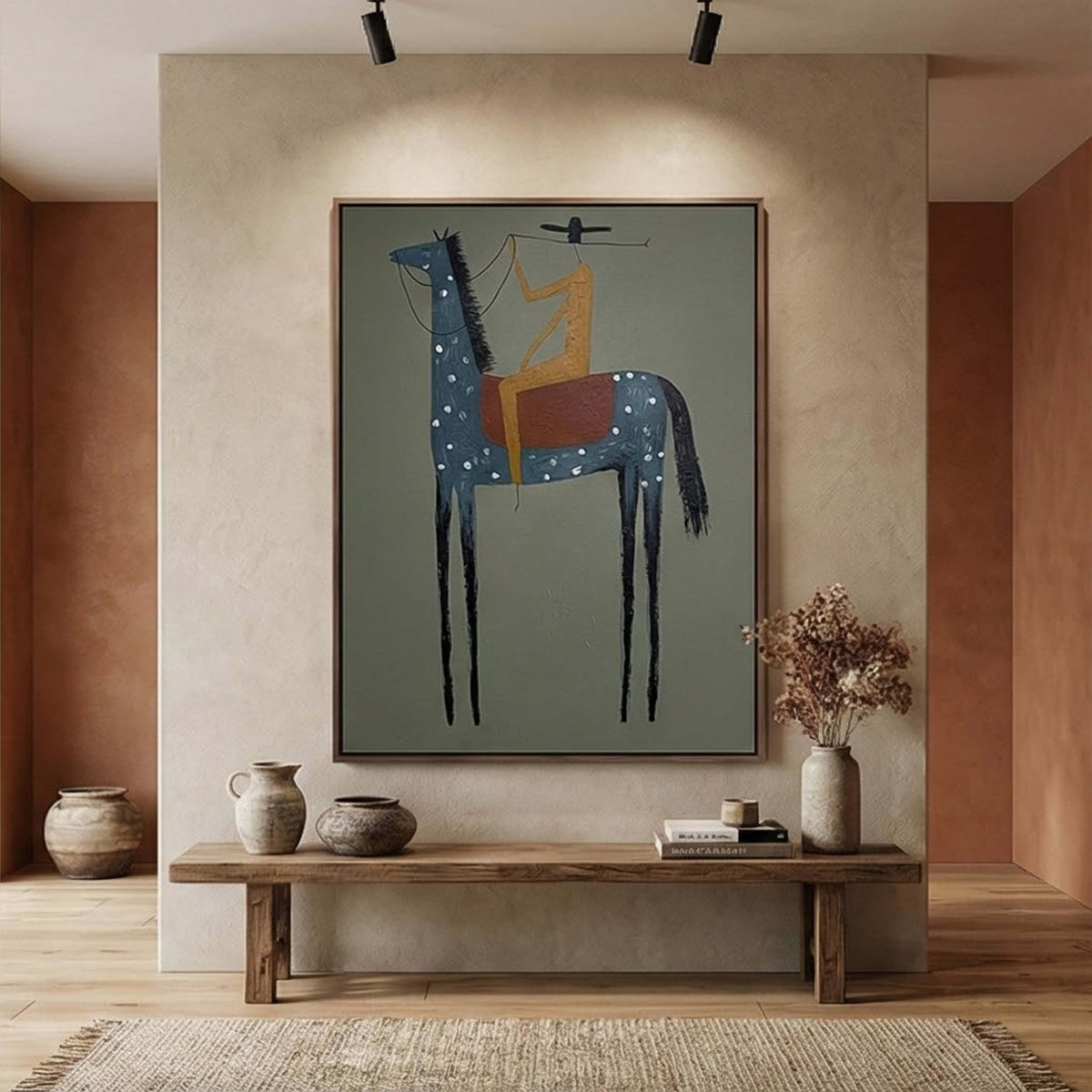 Whimsical Western equestrian plaster wall decor creating a focal point over a rustic sideboard in a dining room