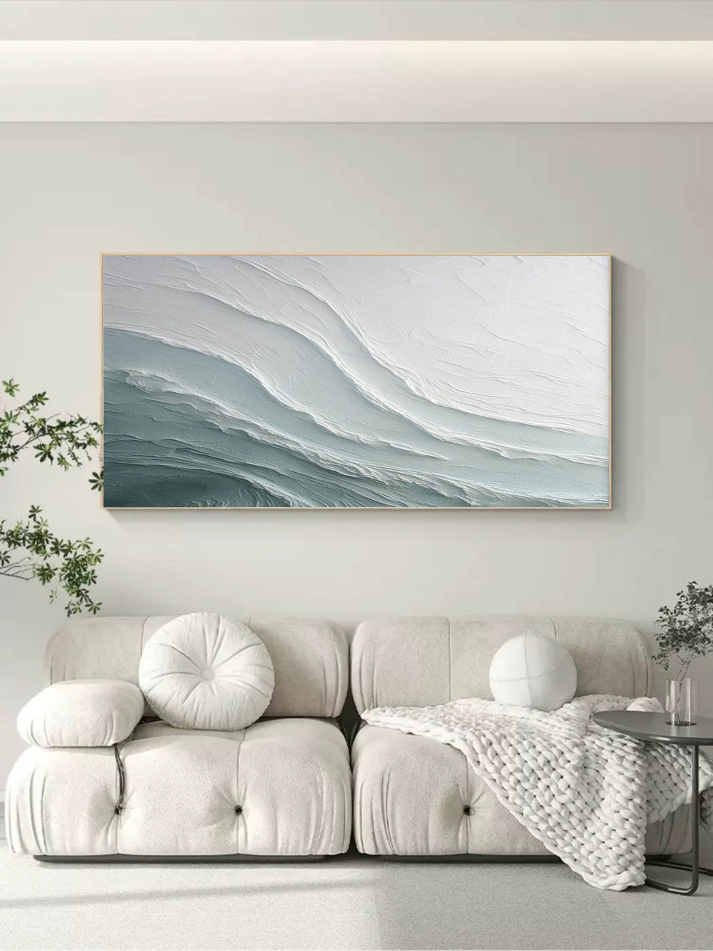 Minimalist horizontal wall art in contemporary hallway with calm neutral interior tones
