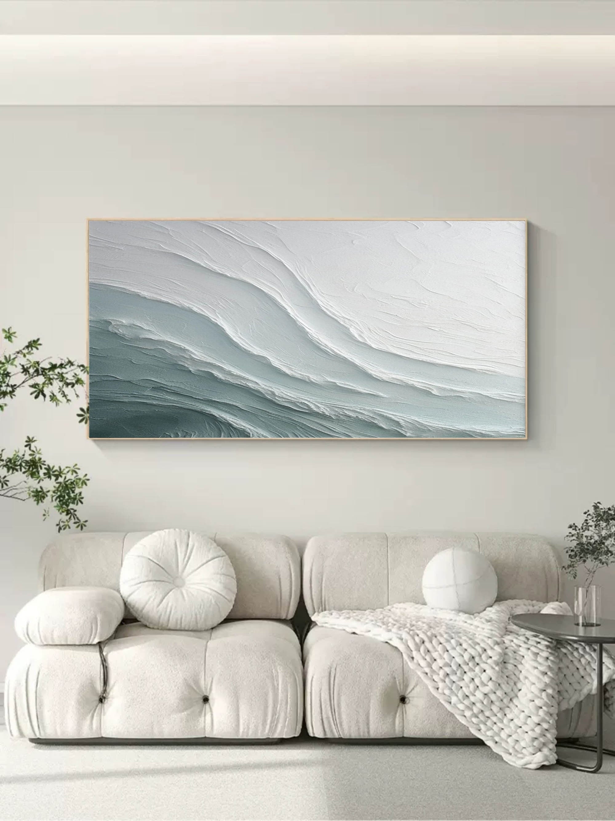 Minimalist horizontal wall art in contemporary hallway with calm neutral interior tones