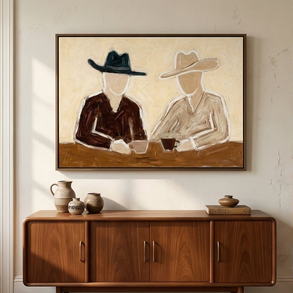 Warm beige Western pop art canvas creating a cozy focal point over a rustic wooden sideboard in a dining room