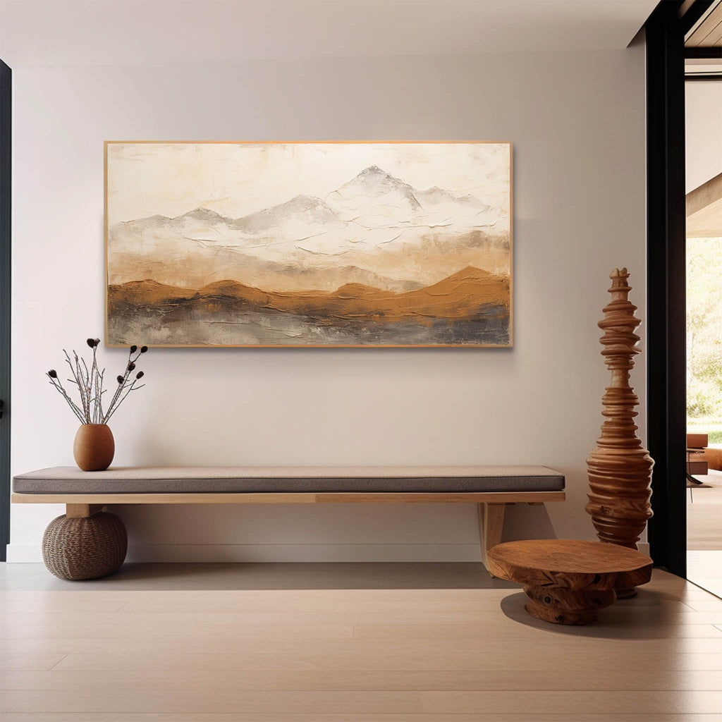 Modern earth tone heavy texture mountain painting creating a serene aesthetic over a master bedroom bed.