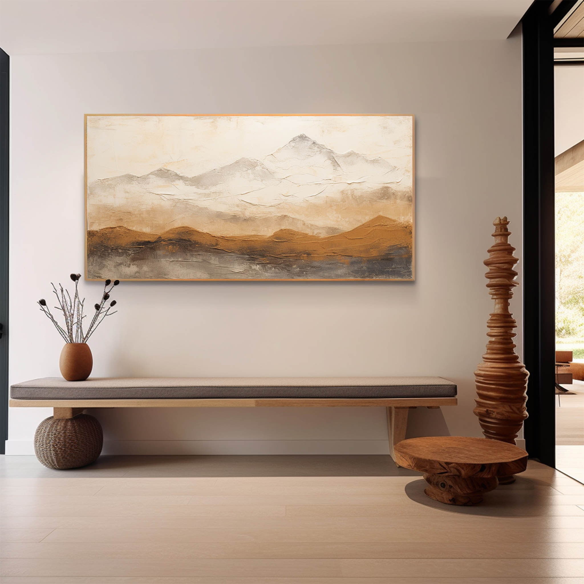 Modern earth tone heavy texture mountain painting creating a serene aesthetic over a master bedroom bed.