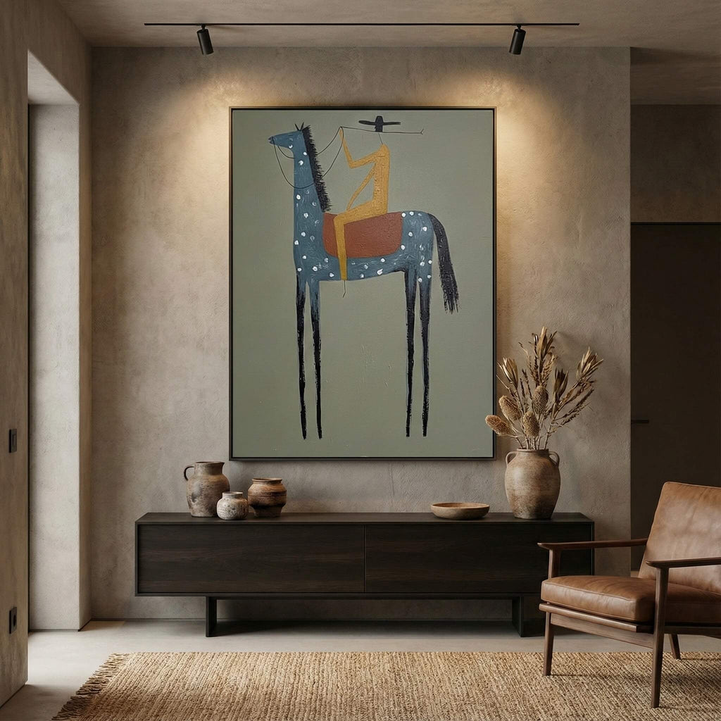 Modern folk cowboy art print introducing playful character to a home office reading corner next to a leather armchair