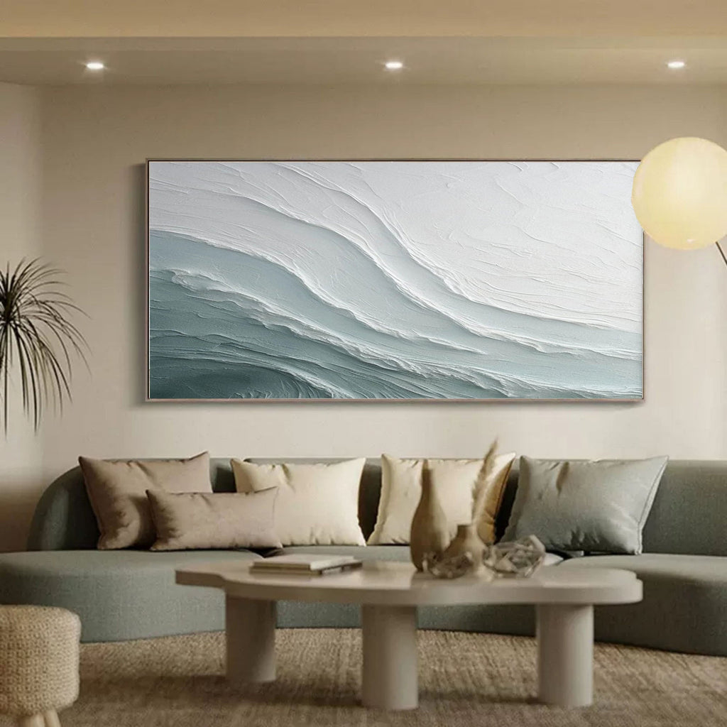 Horizontal abstract canvas artwork displayed in clean office interior with soothing aesthetic