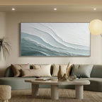 Horizontal abstract canvas artwork displayed in clean office interior with soothing aesthetic