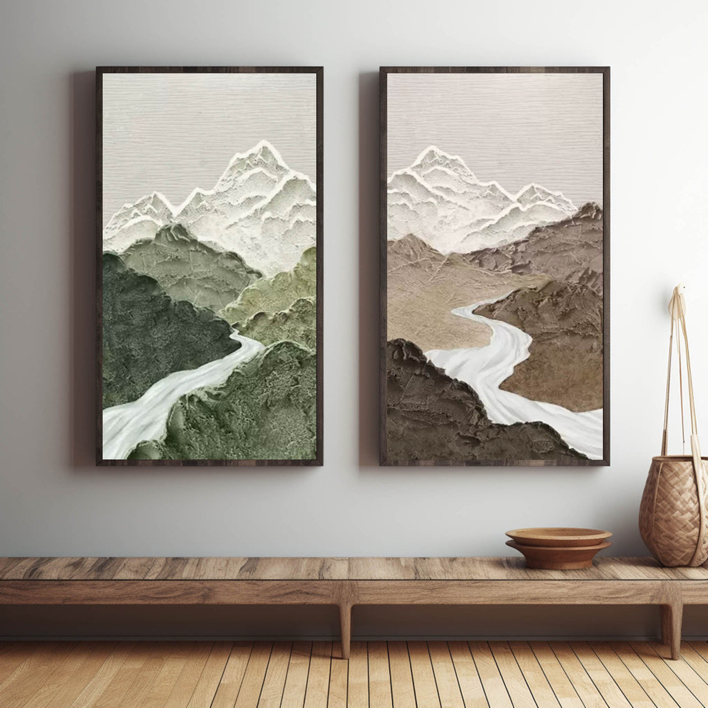 Modern 3D heavy texture split mountain painting diptych creating a serene nature aesthetic over a master bedroom bed.