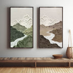 Modern 3D heavy texture split mountain painting diptych creating a serene nature aesthetic over a master bedroom bed.