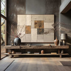 Premium heavy impasto horizontal painting with distressed earthy tone canvas styling an elegant dining room wall