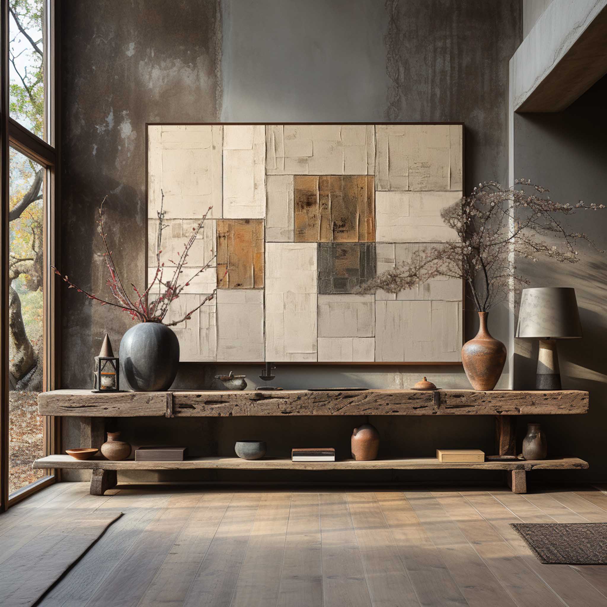Premium heavy impasto horizontal painting with distressed earthy tone canvas styling an elegant dining room wall