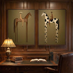 Minimalist western folk art canvas print set creating an intriguing gallery wall center along a staircase.