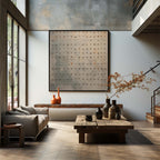 Framed contemporary abstract neutral color painting styled in a high-end dining room
