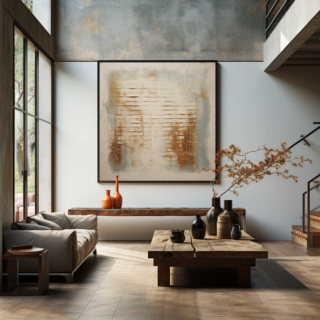 Modern earthy tone heavy texture palette knife painting creating a serene zen-like aesthetic over a master bedroom bed.