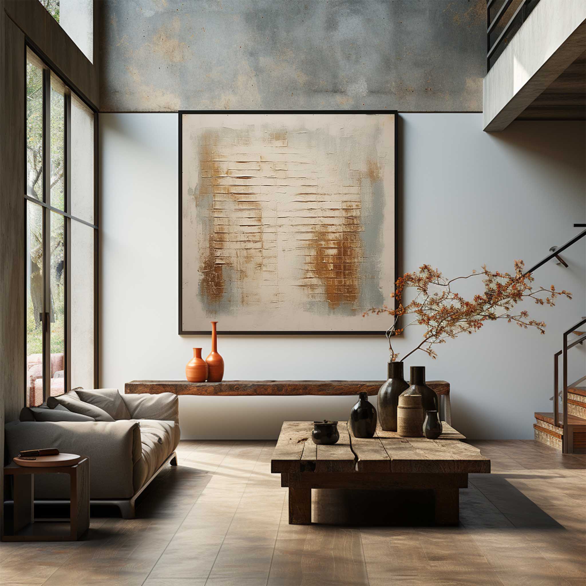 Modern earthy tone heavy texture palette knife painting creating a serene zen-like aesthetic over a master bedroom bed.