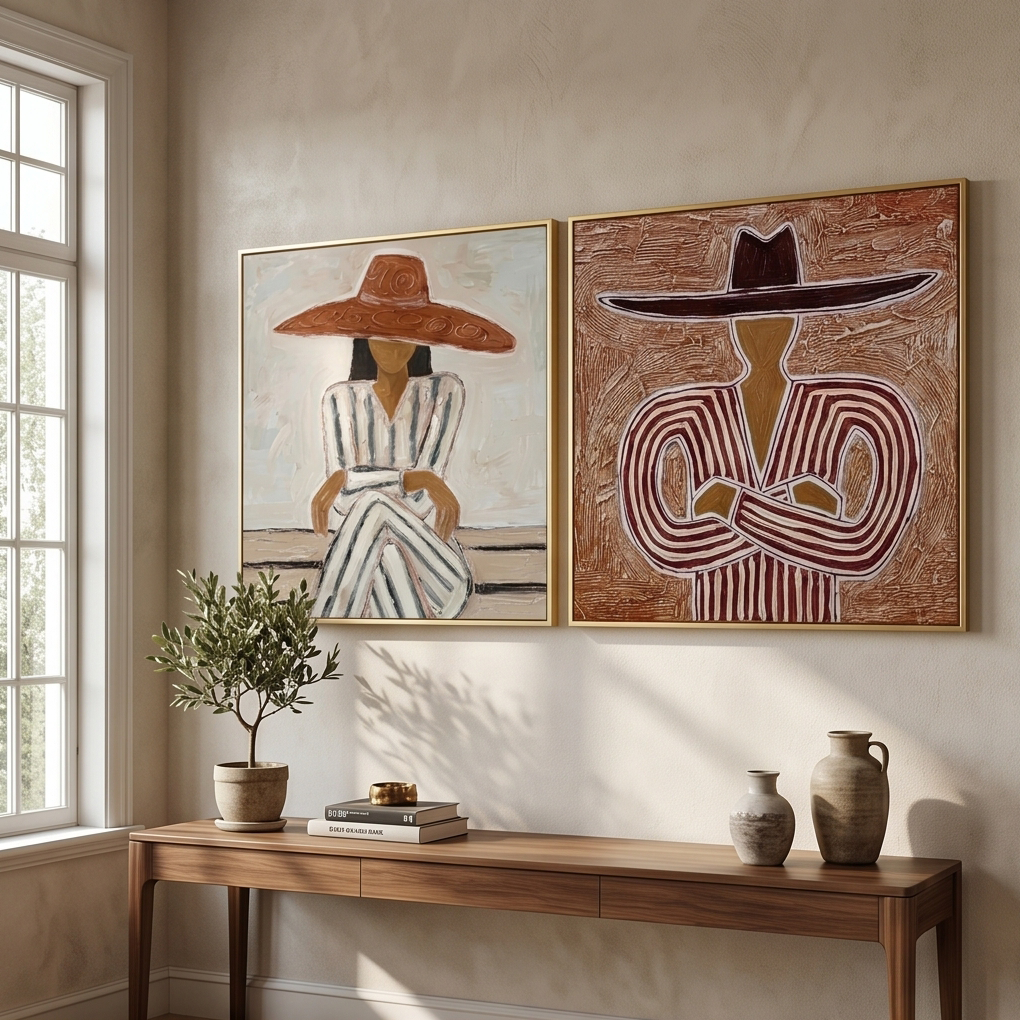 Duo Western abstract figure wall decor styled on a warm beige console table in an entryway