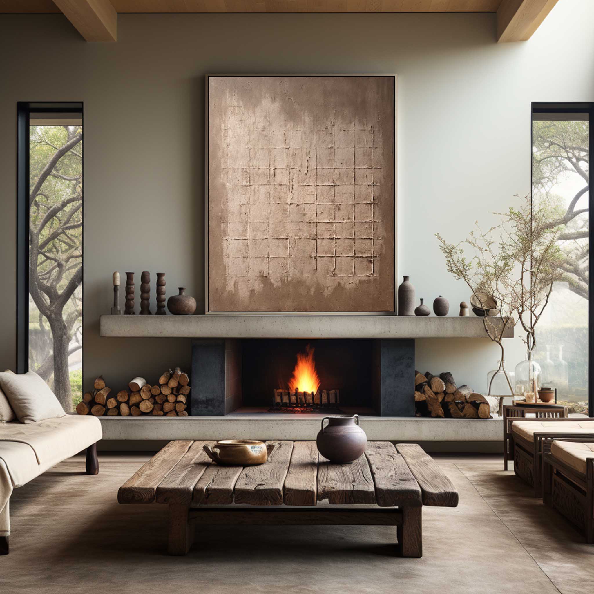 Sophisticated square scale horizontal neutral textured artwork adding rustic elegance and warmth to a dining room wall.