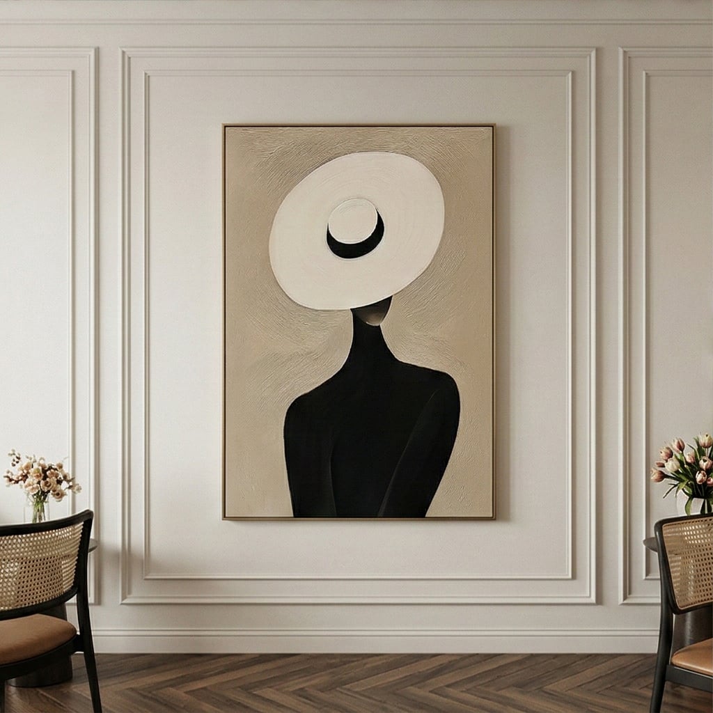 Textured plaster lady silhouette canvas wall decor framed above an upholstered headboard in a serene master bedroom