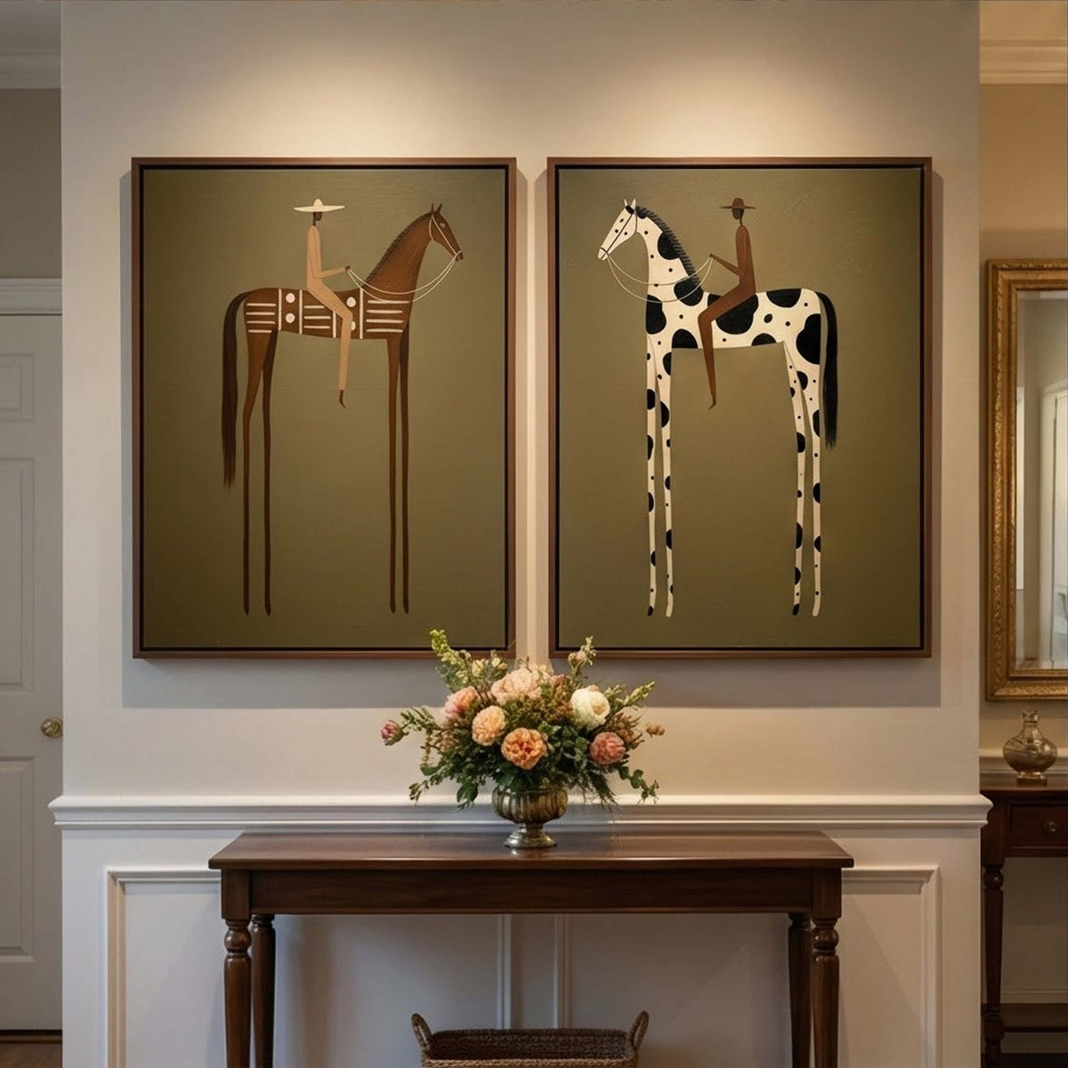 Large 2-piece western figure painting creating a warm rustic focal point above a living room leather sofa.
