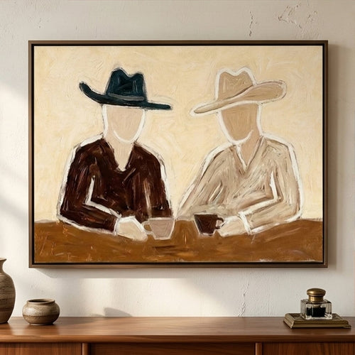 Rustic Southwestern cowboy portrait canvas painting displayed above a dark brown leather sectional sofa in a warm living room