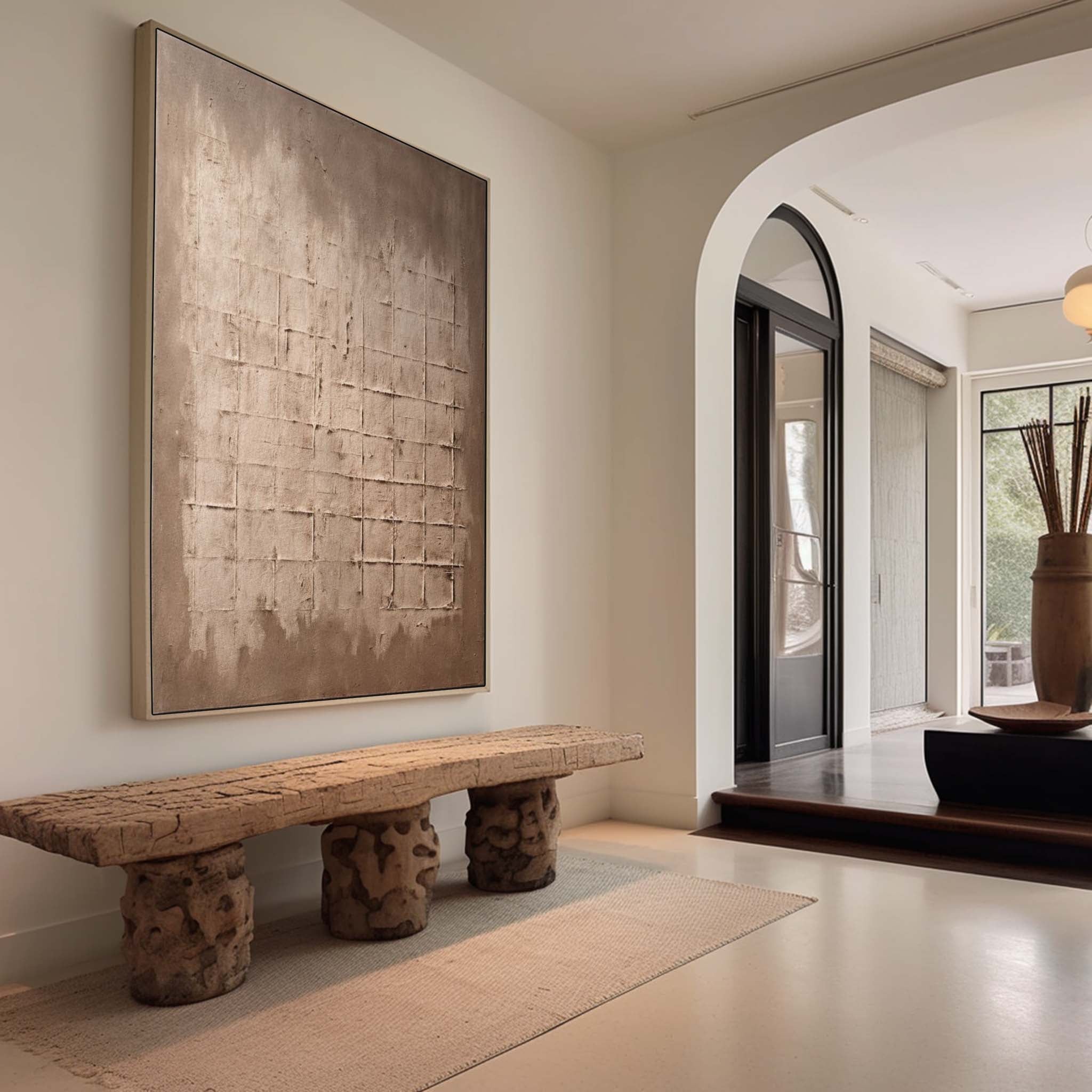 Modern 3D heavy texture minimalist artwork creating a serene zen-like aesthetic over a master bedroom bed setup.