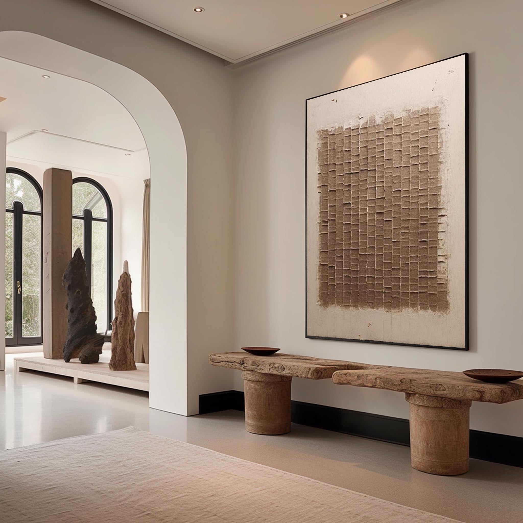 Contemporary textured woven pattern art piece enhancing a sleek, neutral-toned dining room gallery wall.
