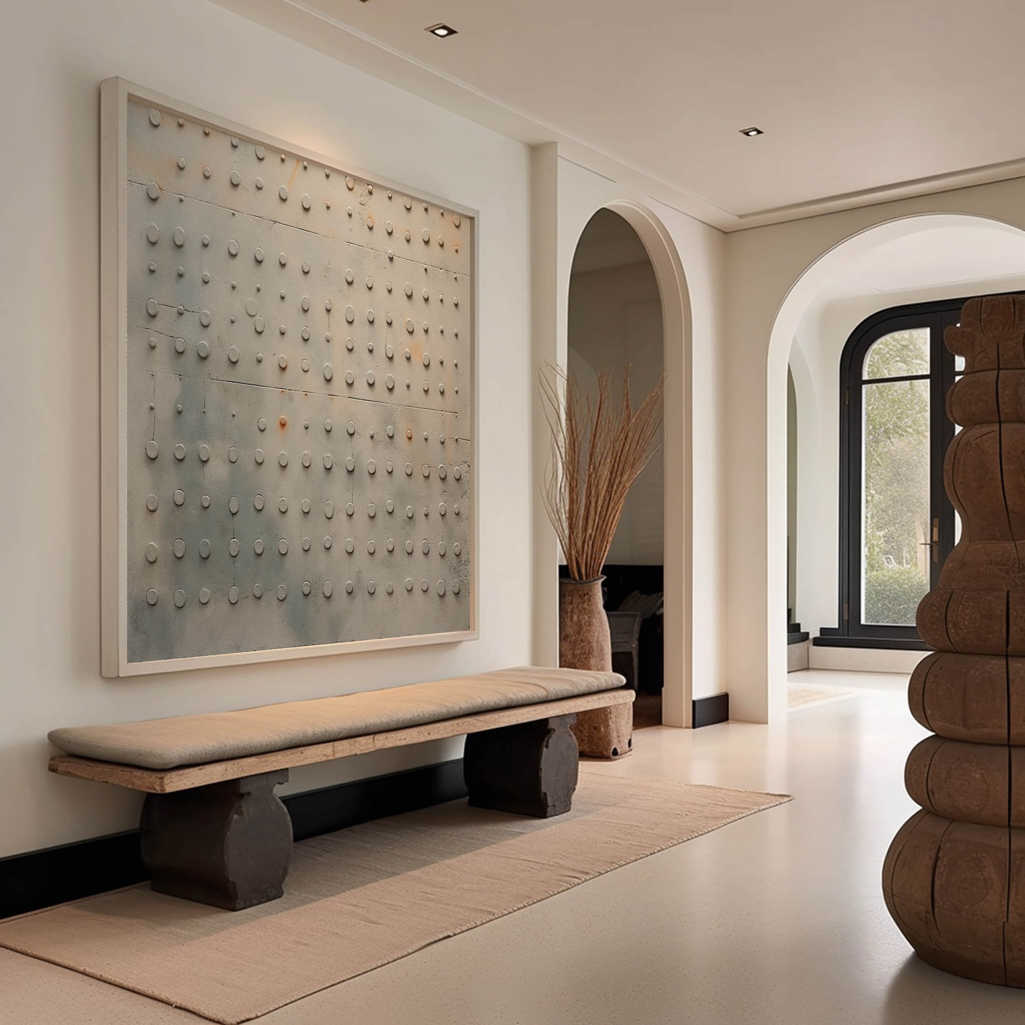 Minimalist 3D plaster painting styled above a neutral fabric sofa in a luxury living room
