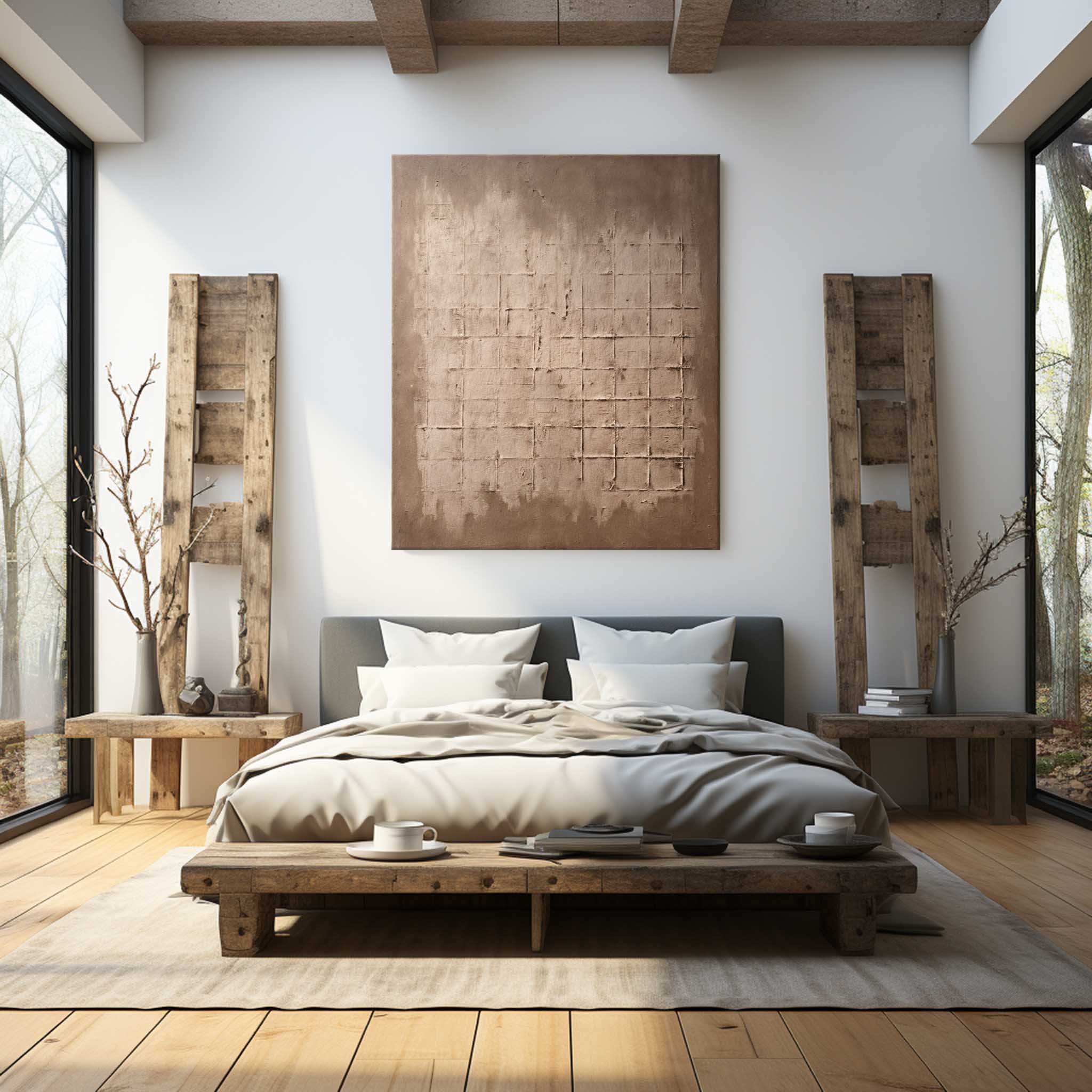 Contemporary oversized brown and cream structured art piece flawlessly enhancing a transitional style fireplace mantel.