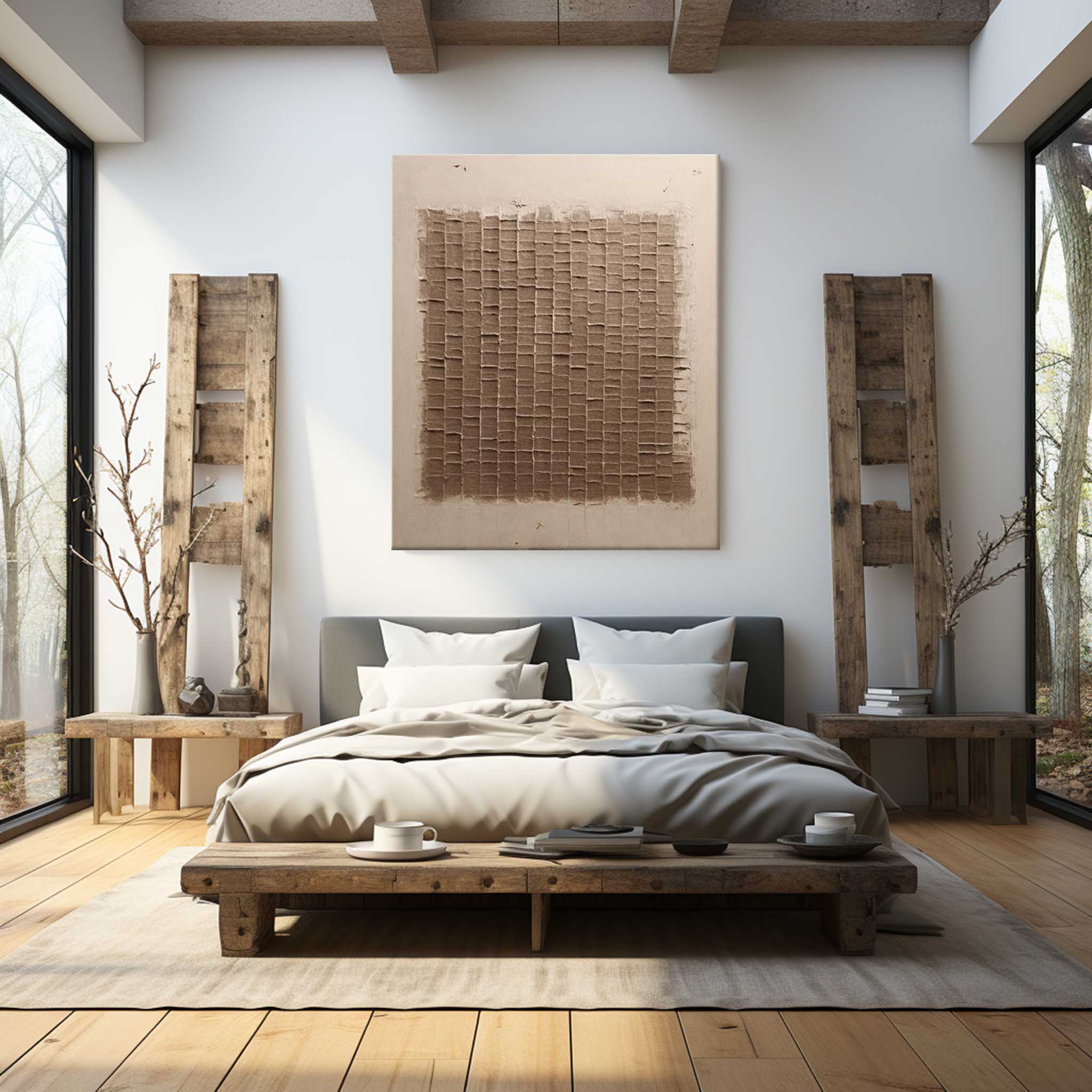 Sophisticated heavy textured square motif artwork adding organic design and cozy warmth to a home office.