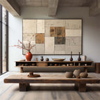 Minimalist horizontal entryway artwork displaying a vintage mid-century abstract heavy texture canvas painting