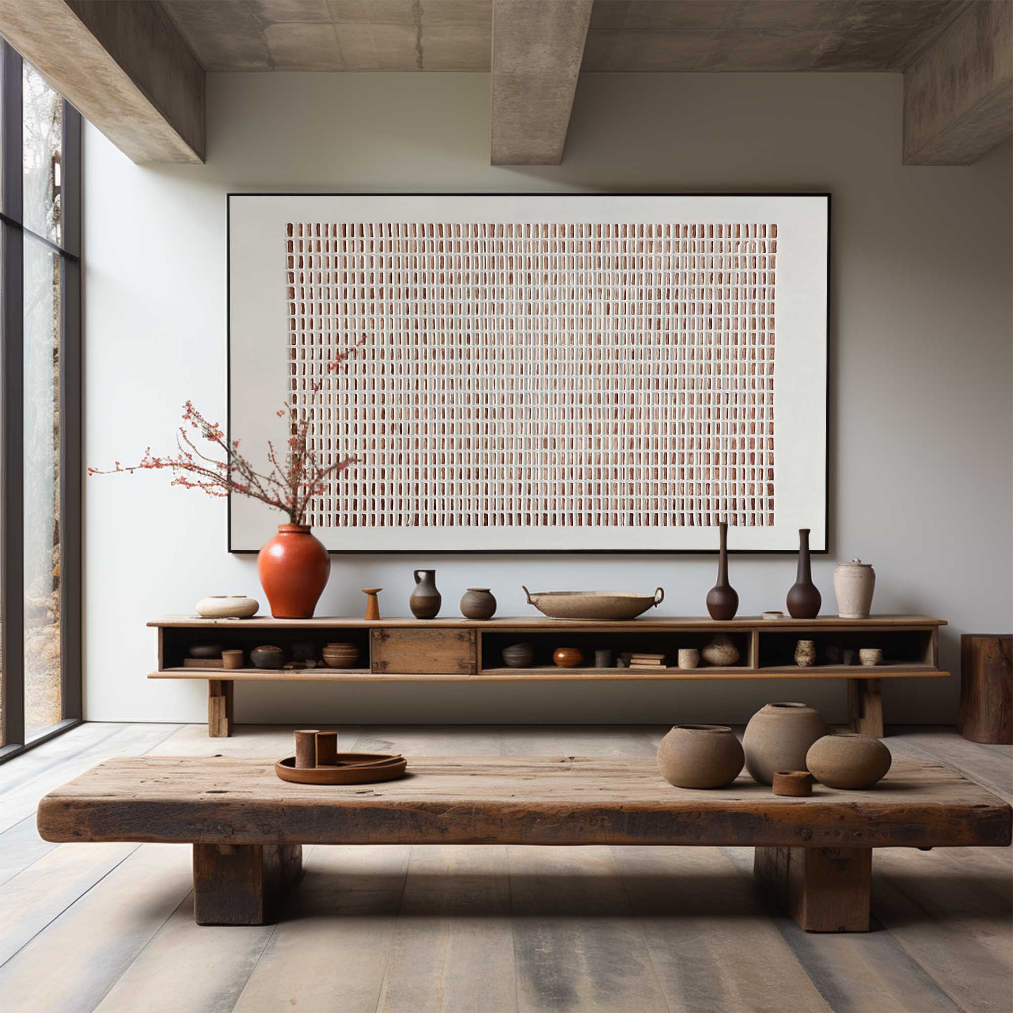 Contemporary gallery wall showcasing Lattice Wabi-Sabi textured wall art in structured minimalist home decor setting