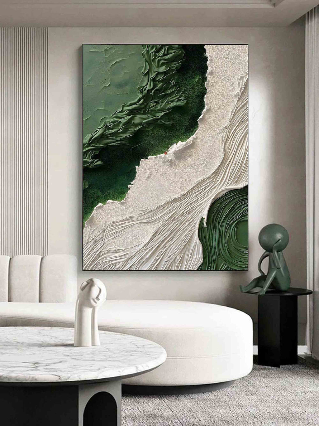 Modern minimalist emerald green canvas painting styled above a contemporary sofa in a luxury living room