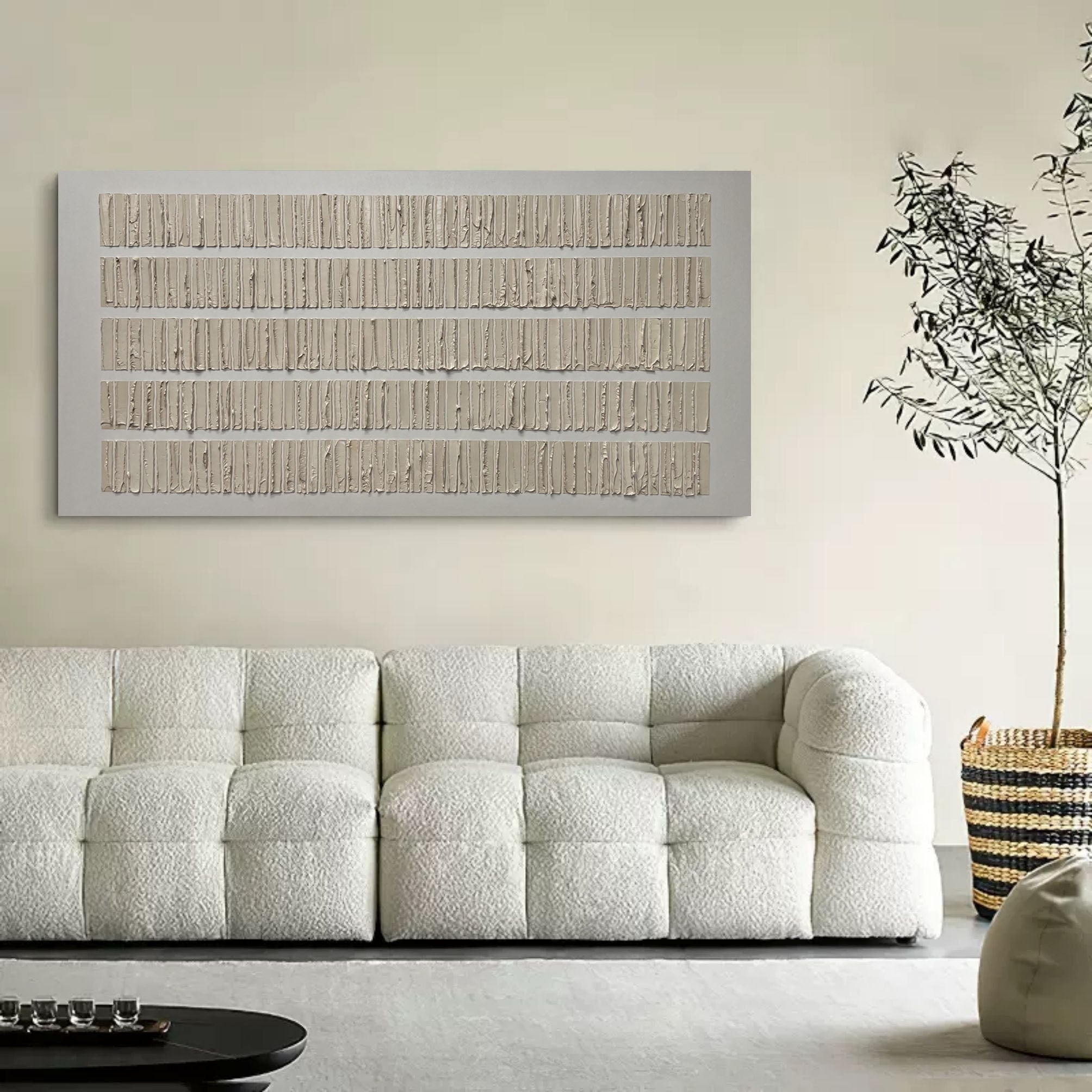 Serene bedroom with layered plaster wall art creating calm and balanced wabi-sabi inspired atmosphere