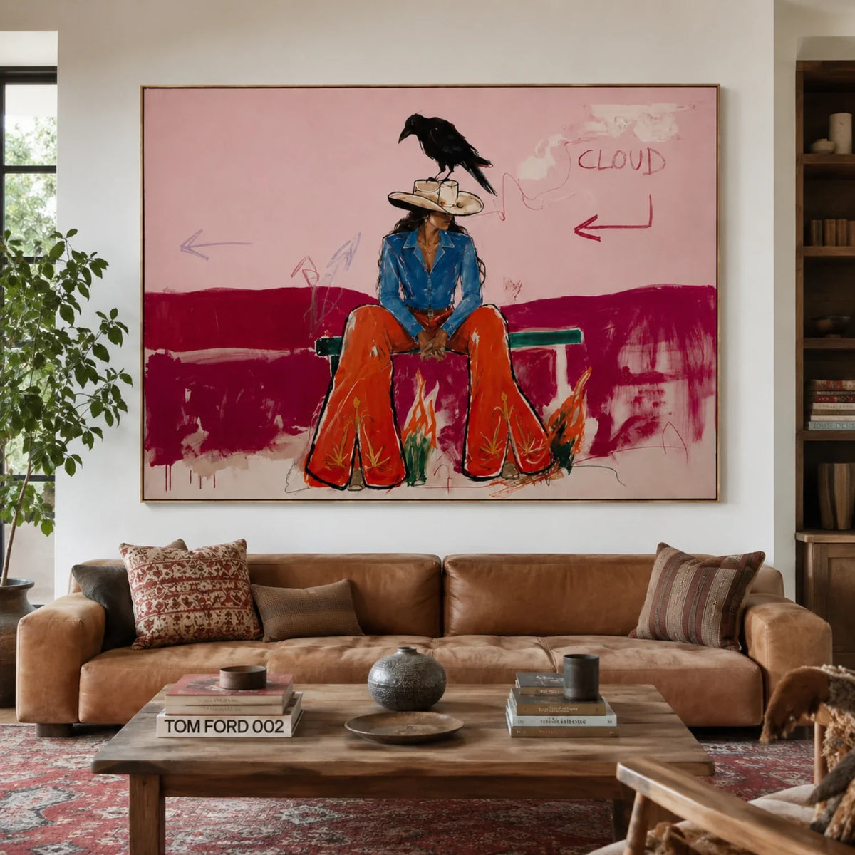 Socialite pink Western cowgirl canvas wall art featuring a chic cowgirl with a raven perched on her hat against a pink graffiti background