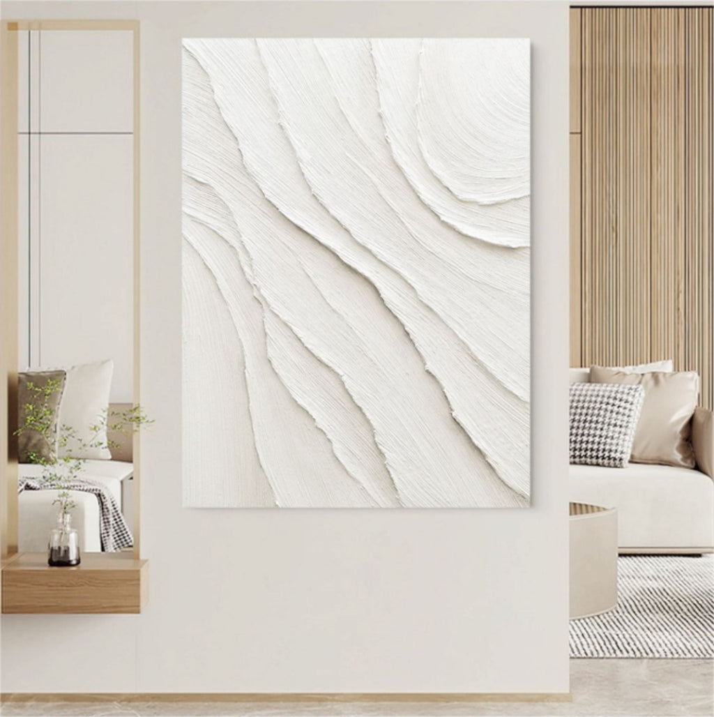 Contemporary abstract neutral wall decor piece enhancing a sleek, minimalist dining room wall.