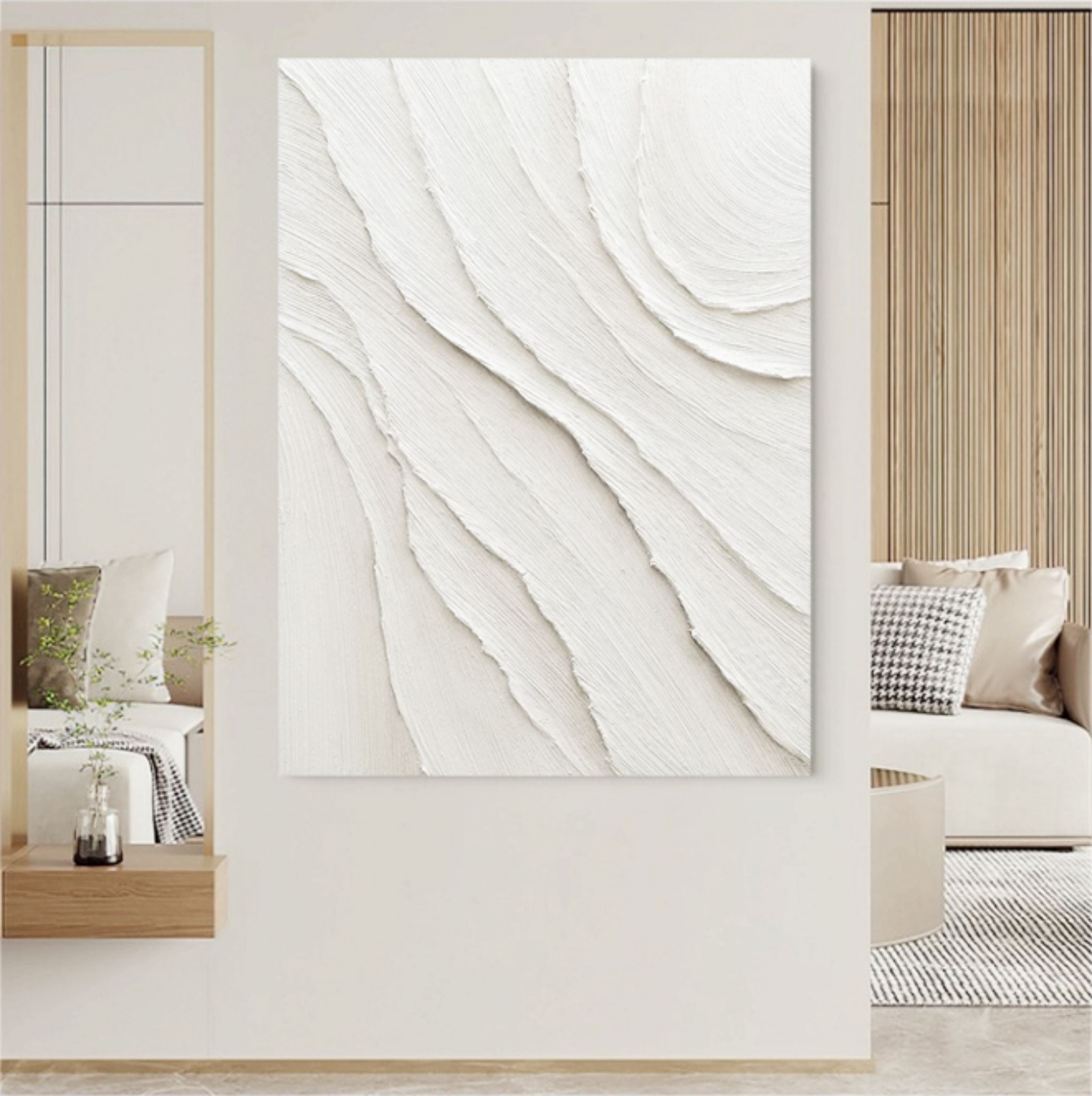 Contemporary abstract neutral wall decor piece enhancing a sleek, minimalist dining room wall.