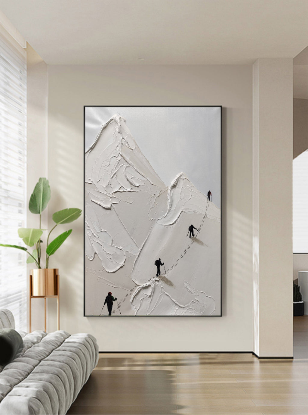Minimalist vertical entryway artwork displaying a premium white and grey heavy texture canvas painting