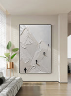 Minimalist vertical entryway artwork displaying a premium white and grey heavy texture canvas painting